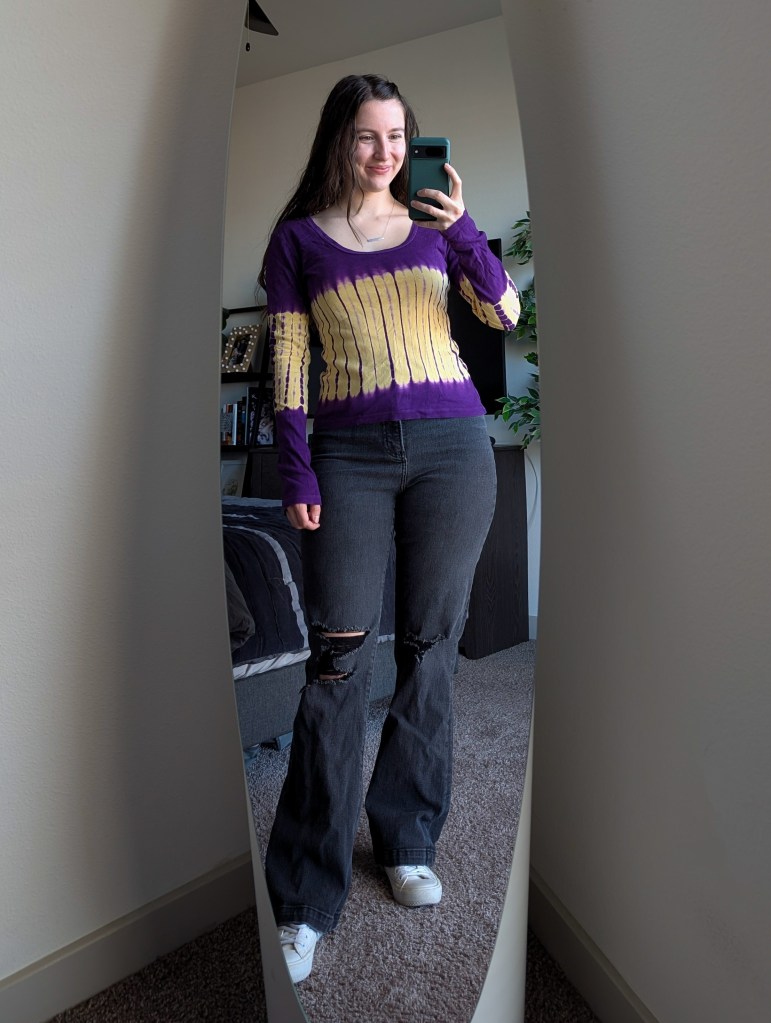 purple tie dye tee grey bootcut jeans express white sneakers primark