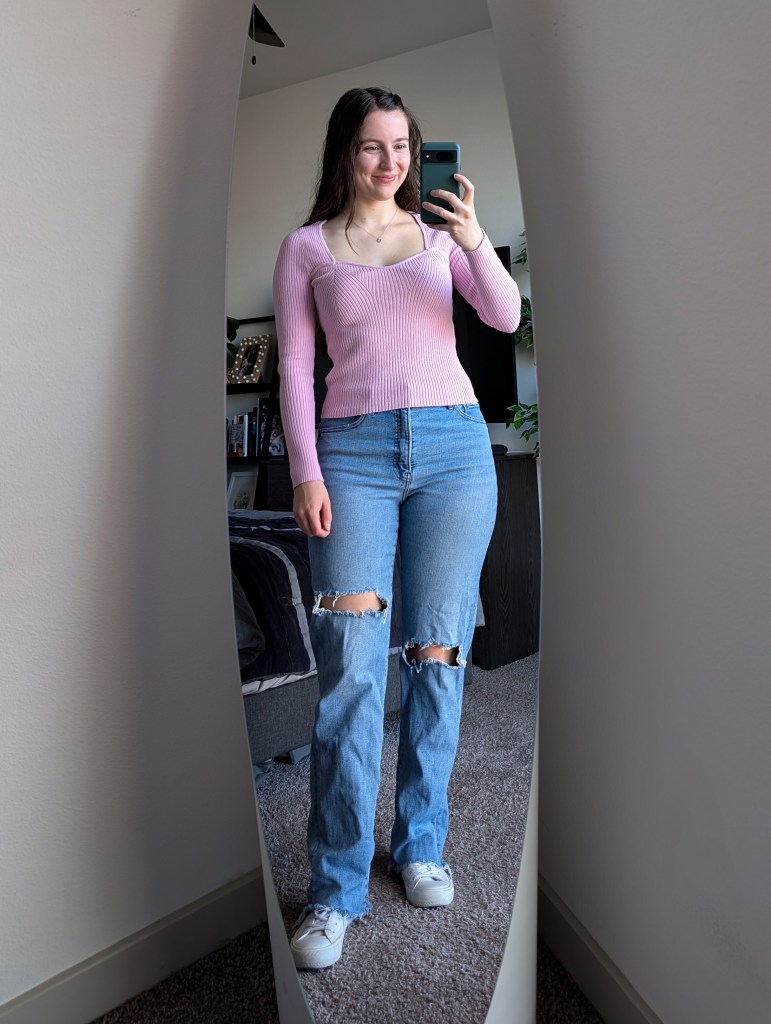 light pink sweater sweetheart neckline old navy ripped straight leg jeans white sneakers