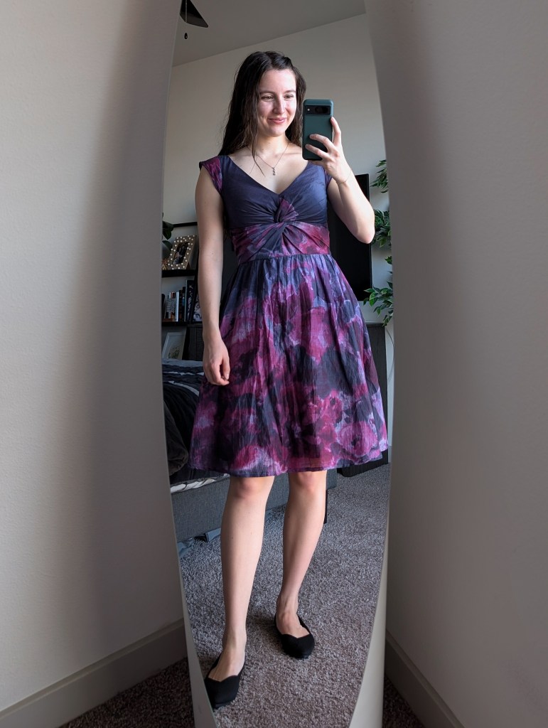 purple dress thrifted neiman marcus black flats bridal shower outfit