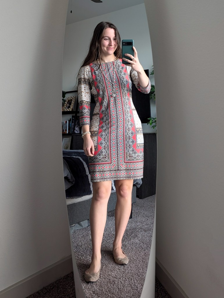printed work dress business casual beige flats