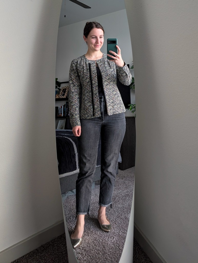 black tank cabi printed jacket grey jeans metallic flats tjmaxx