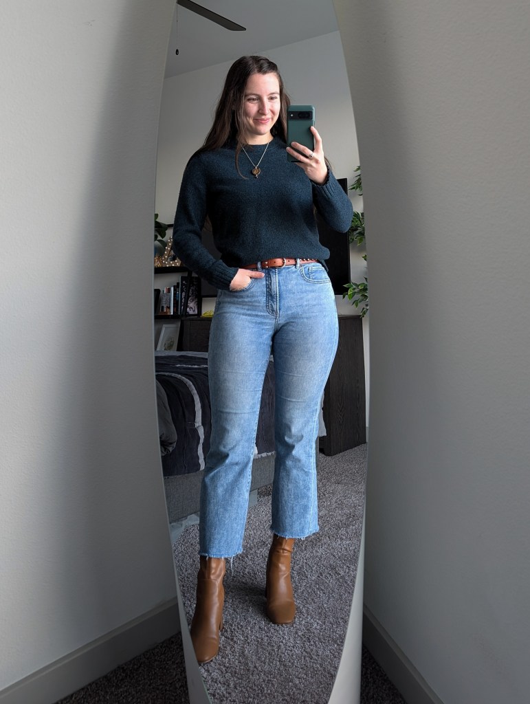 green sweater banana republic cropped flared jeans express brown boots studded belt