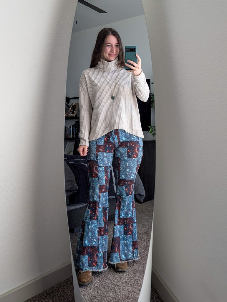 fall fashion clara sunwoo beige sweater bellbottom pants cavenders cowgirl boots