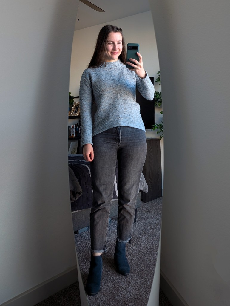 blue sweater sundance grey jeans express blue suede booties