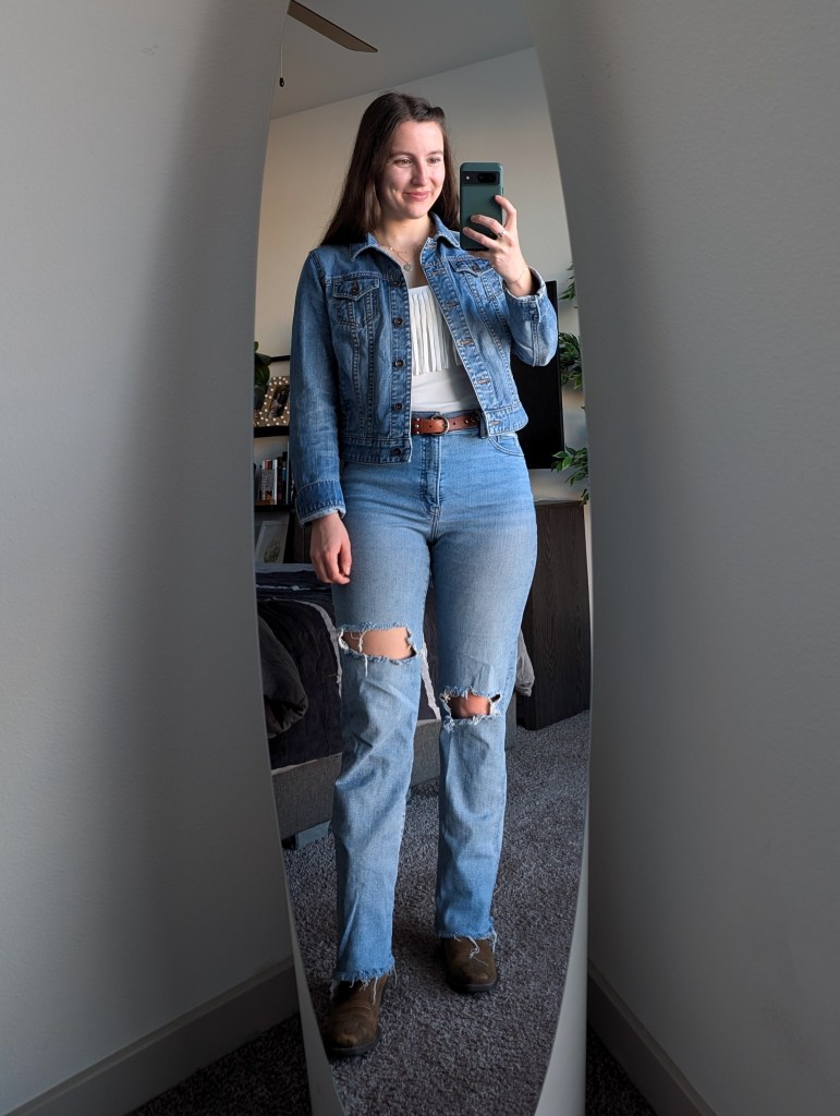 denim on denim canadian tuxedo denim jacket straight leg jeans fall fashion western style