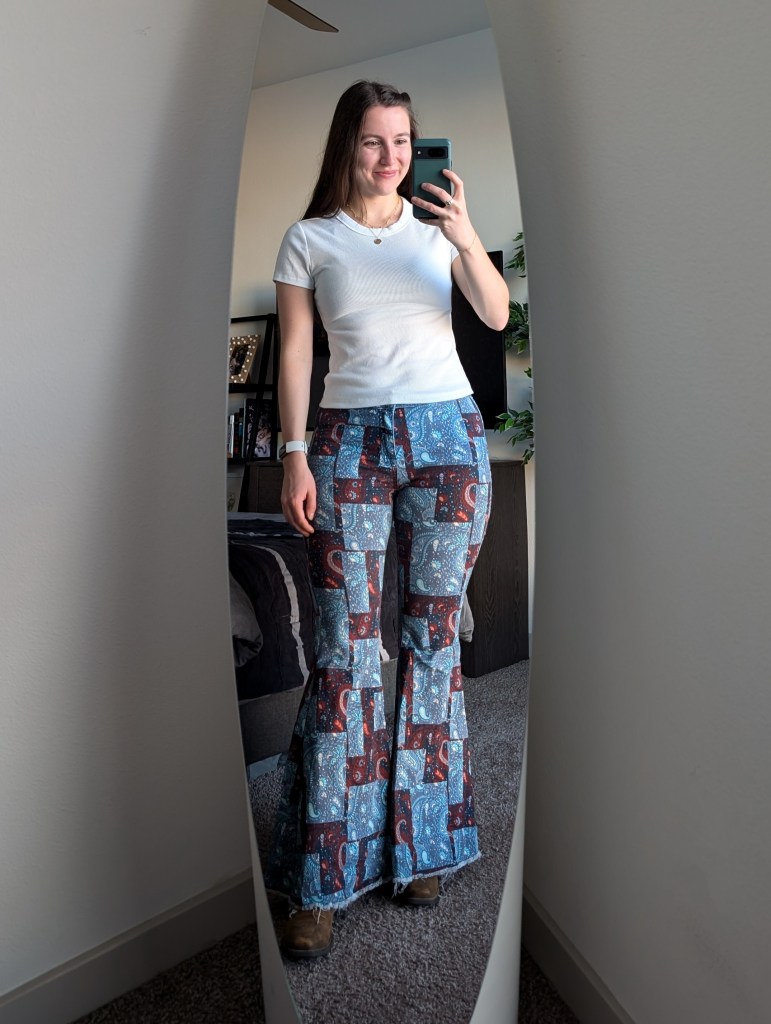white ribbed tee old navy bell bottoms printed pants cavenders western style cowgirl boots