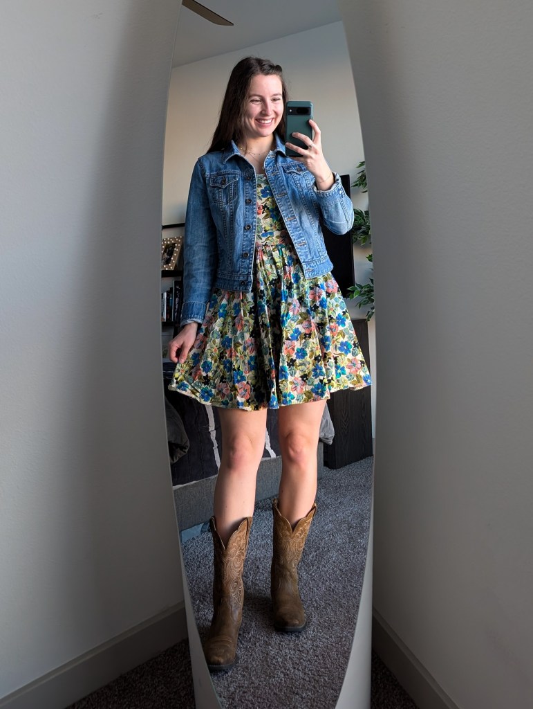 floral dress thrifted denim jacket secondhand style cowgirl boots