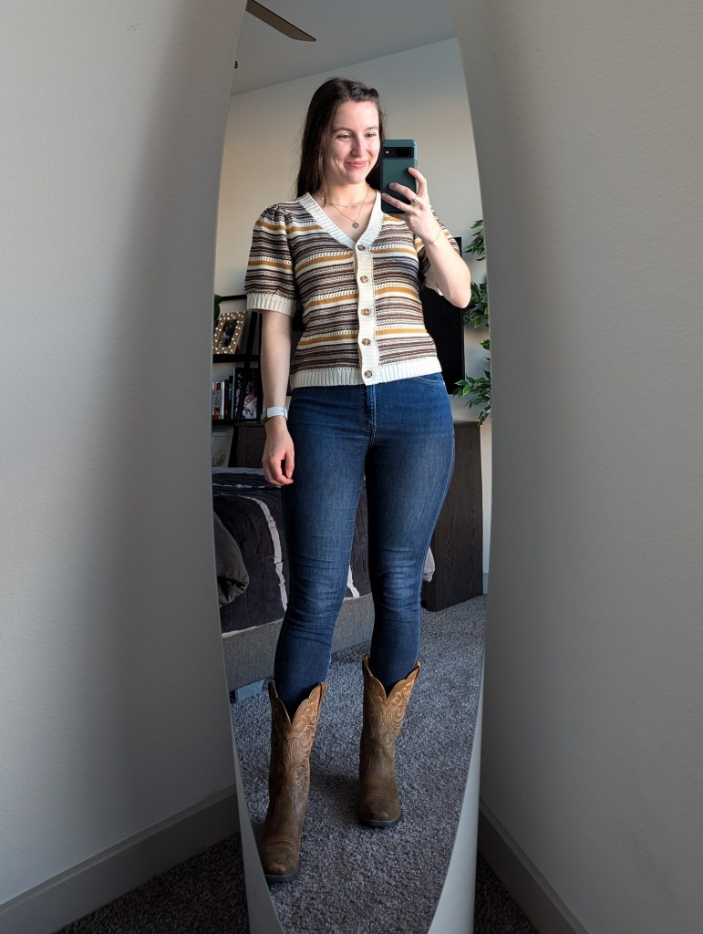 striped sweater cardigan fall fashion dark wash denim express cowgirl boots ariat boot barn