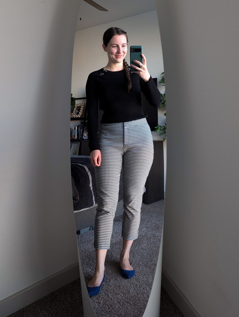 black ribbed sweater 525 america houndstooth pants jcpenney blue flats