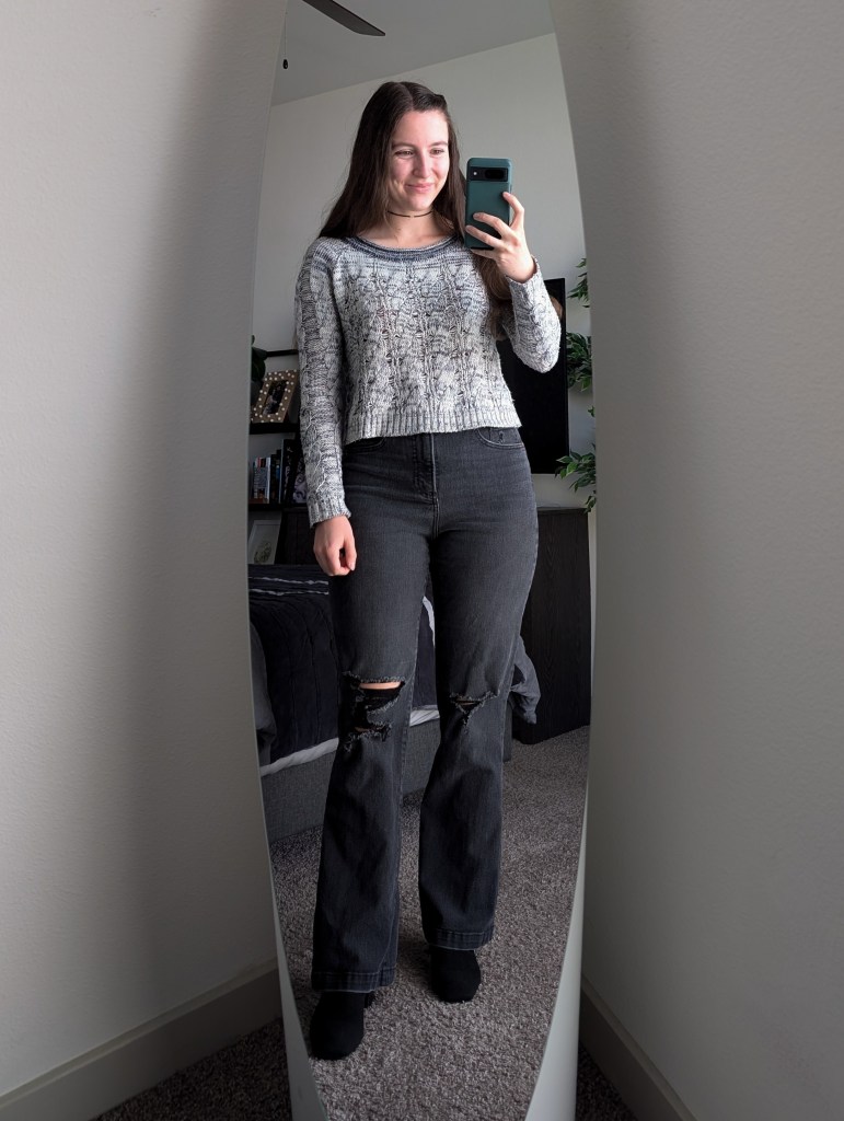 grey cropped sweater bootcut jeans secondhand style express black booties