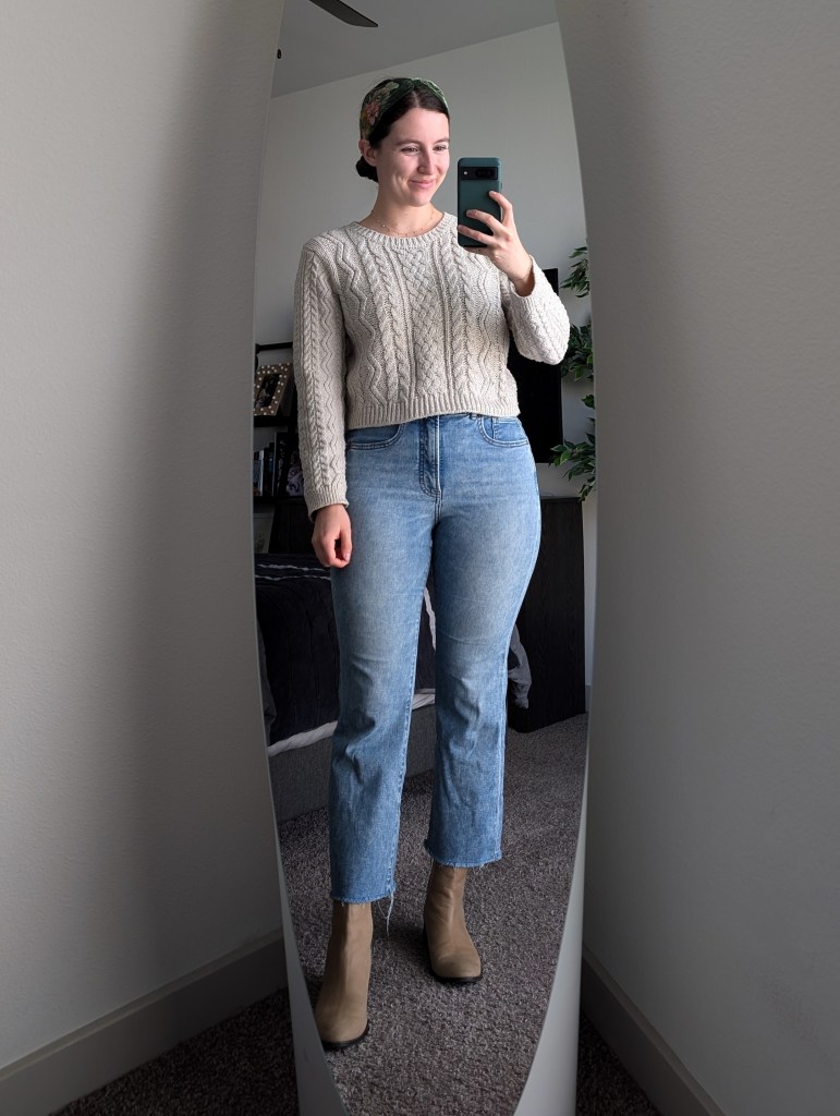 cropped beige sweater nordstrom rack cropped flared jeans express taupe booties