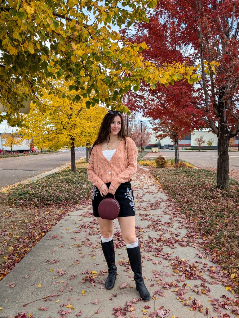 peach cardigan coral black suede skirt embroidered black knee boots fall outfits