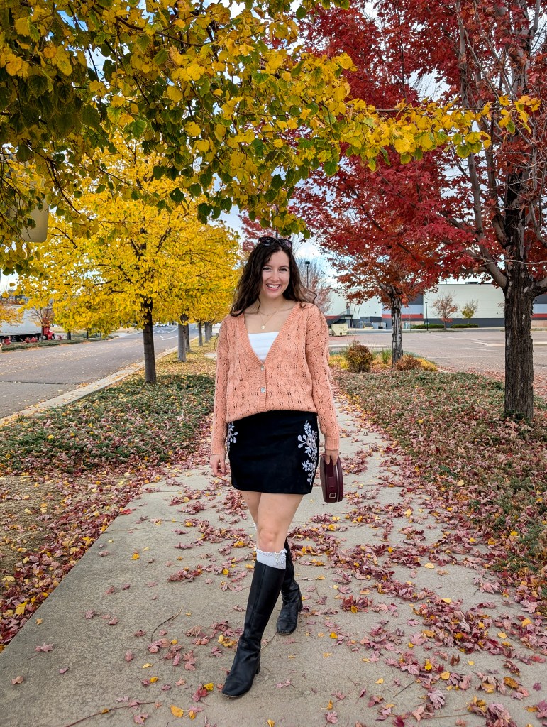 fall fashion shopping your closet slow fashion suede skirt knee boots circle purse