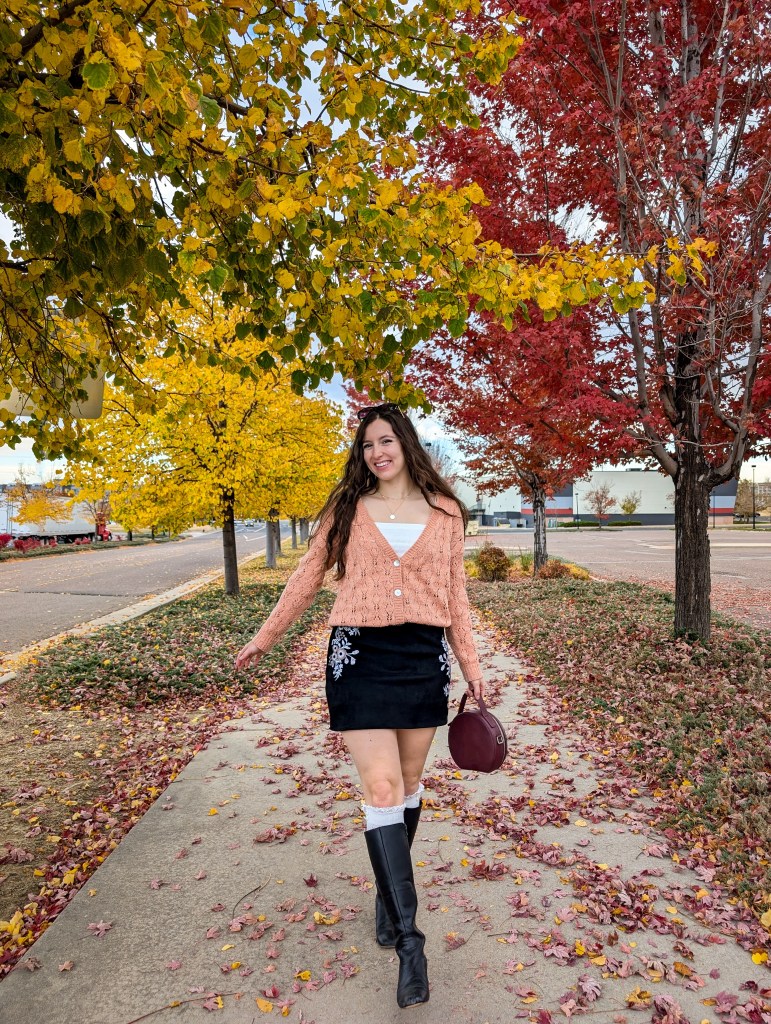 fall fashion fall style suede skirt cardigan black knee boots boot socks