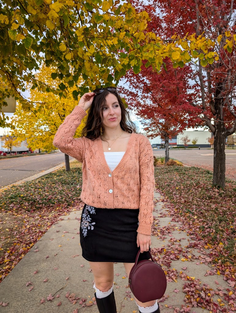 slow fashion cardigan white crop top suede embroidered skirt fall fashion