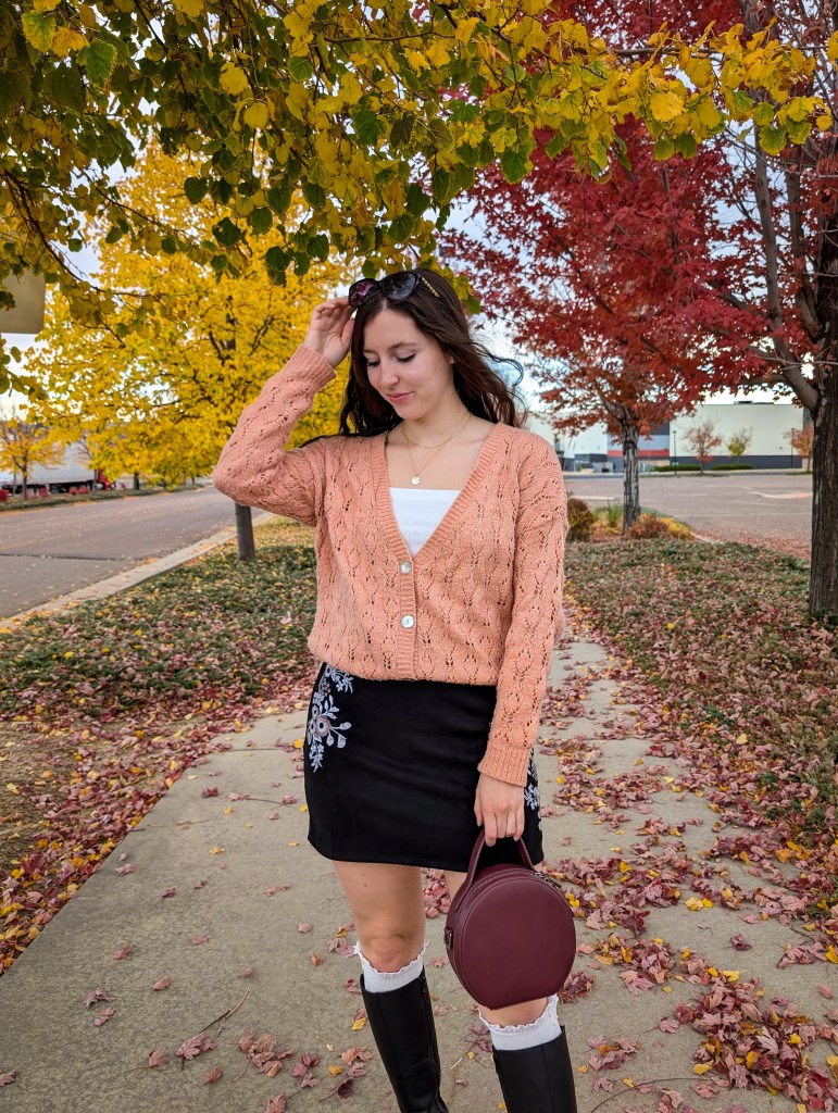 fall fashion fall style black suede skirt maroon circle purse affordable fashion