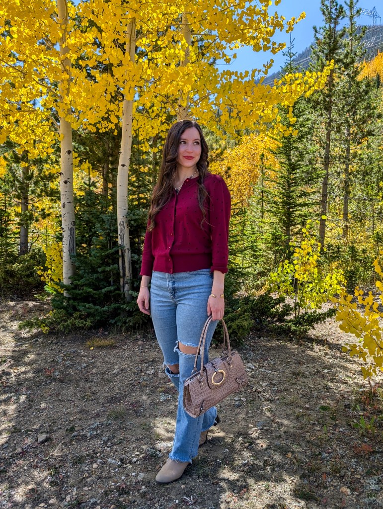 polka dot cardigan straight leg jeans express taupe booties patent leather purse aspen leaves fall style