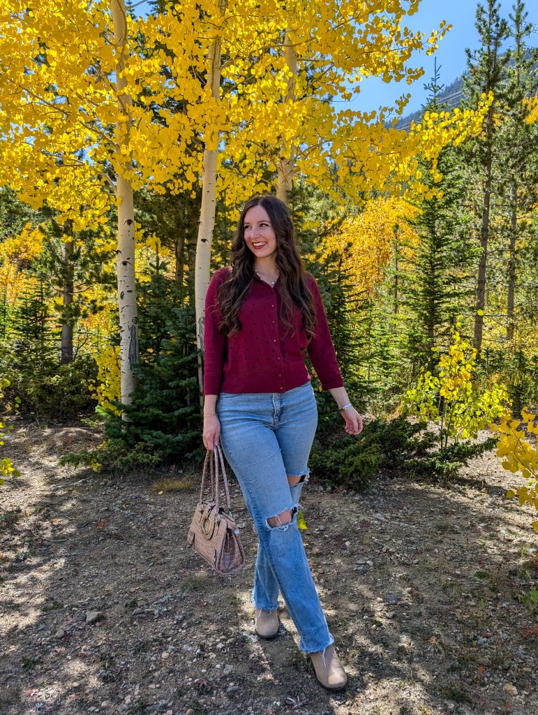 polka dot cardigan straight leg jeans aspen trees colorful colorado taupe booties