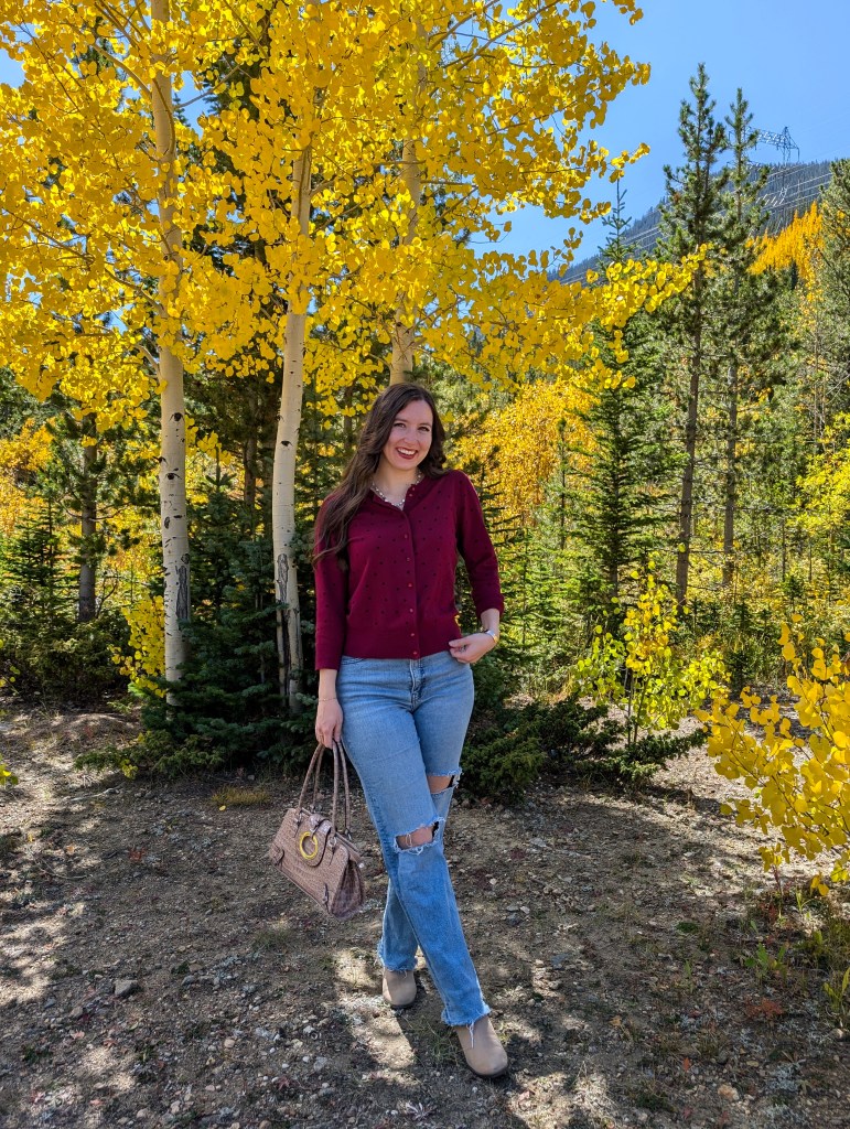 fall fashion shopping your closet straight leg jeans polka dot cardigan taupe booties aspen trees fall colors