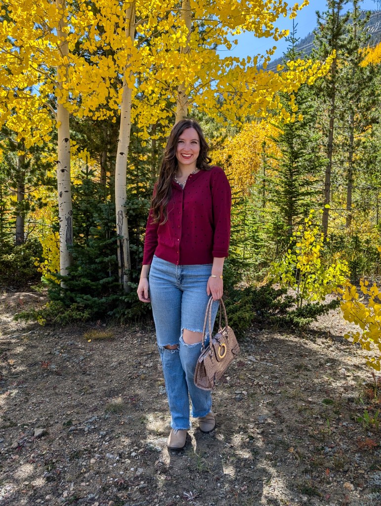 pearl necklace cardigan as a top straight leg jeans patent leather purse fall fashion