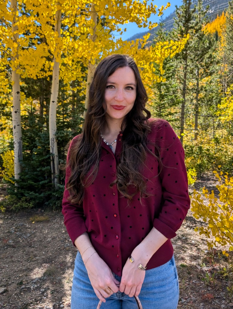colorado leaves mountain town fall fashion maroon polka dot cardigan autumn
