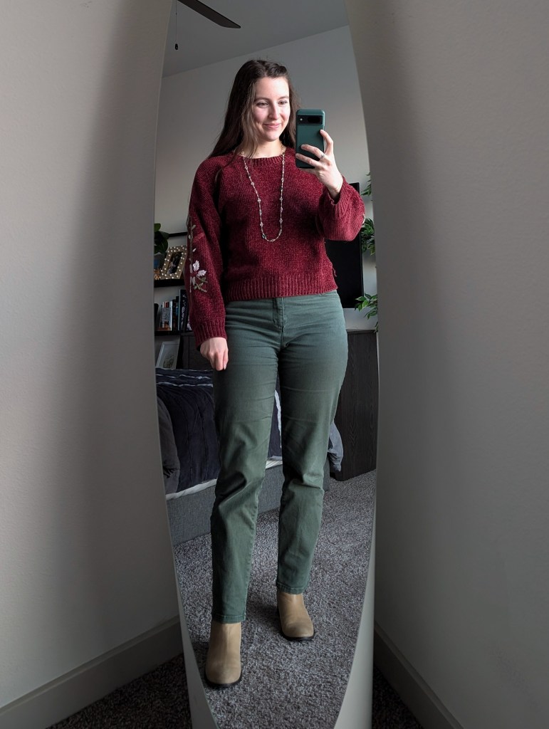 maroon embroidered sweater francescas olive green pants taupe booties