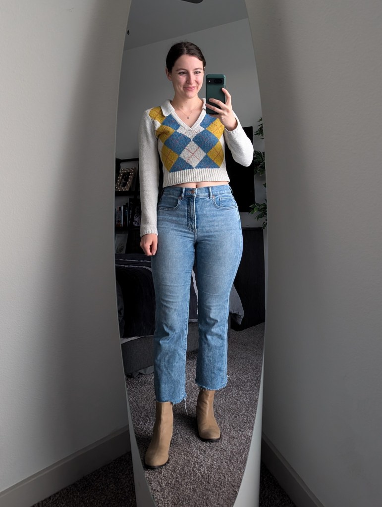 argyle collared sweater cropped flared jeans express taupe booties shop lc fall outfit sweater weather