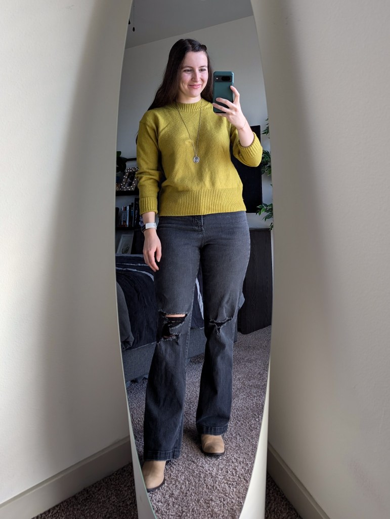 chartreuse sweater banana republic grey jeans express taupe booties shop lc