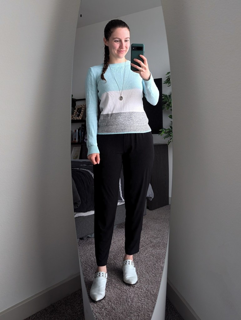 gap sweater colorblocked black pants clara sunwoo white mules saks off fifth