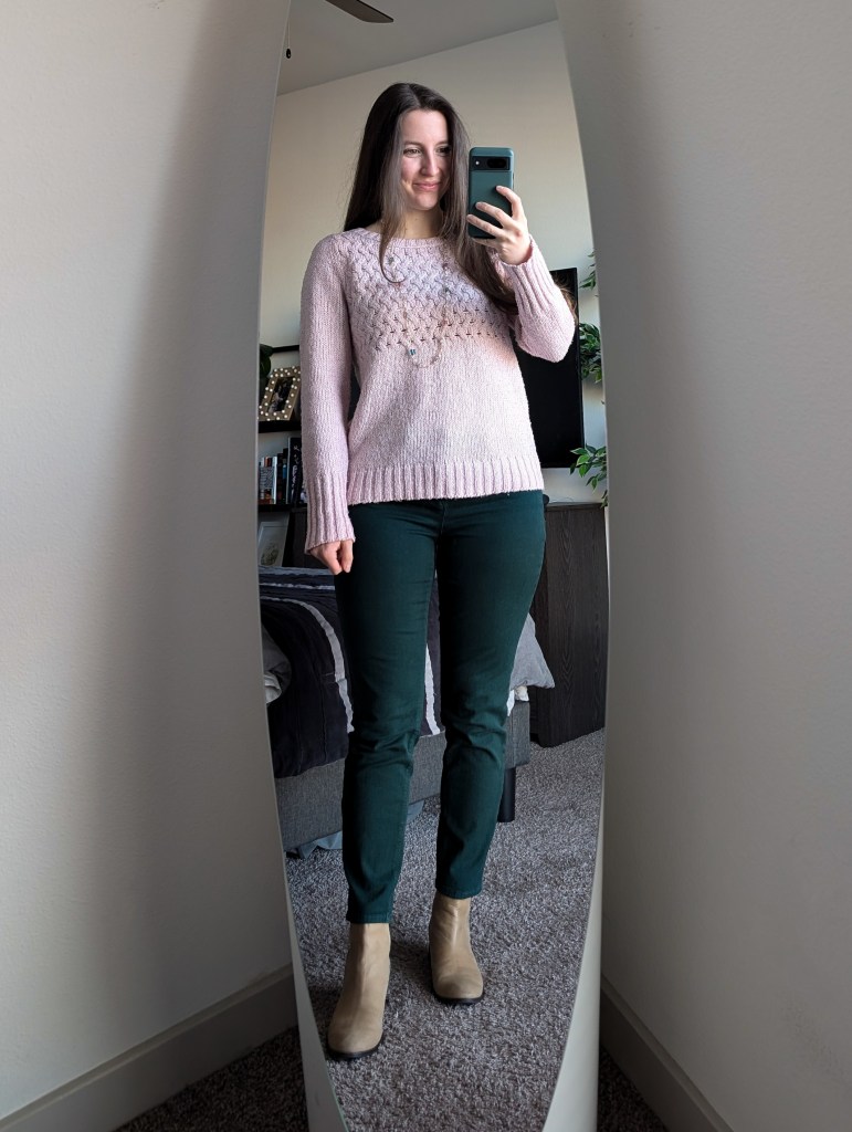 pink sweater hunter green pants winter outfit taupe booties jcpenney
