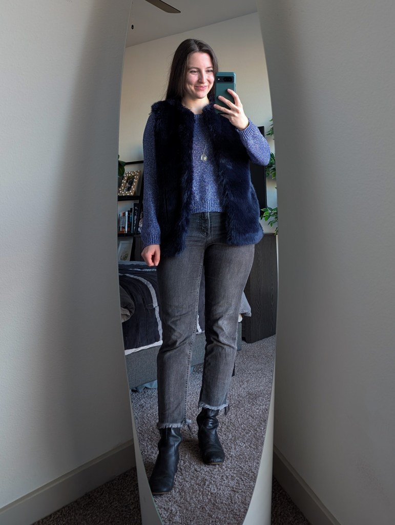 purple hand-me-down sweater blue faux fur vest grey jeans express black boots