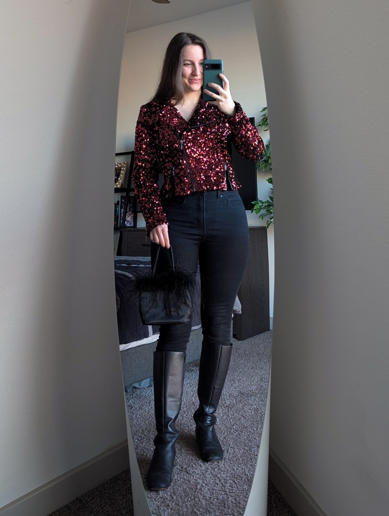 red sequin jacket whbm black furry purse thrifted black skinny jeans black knee boots fancy outfit holiday style