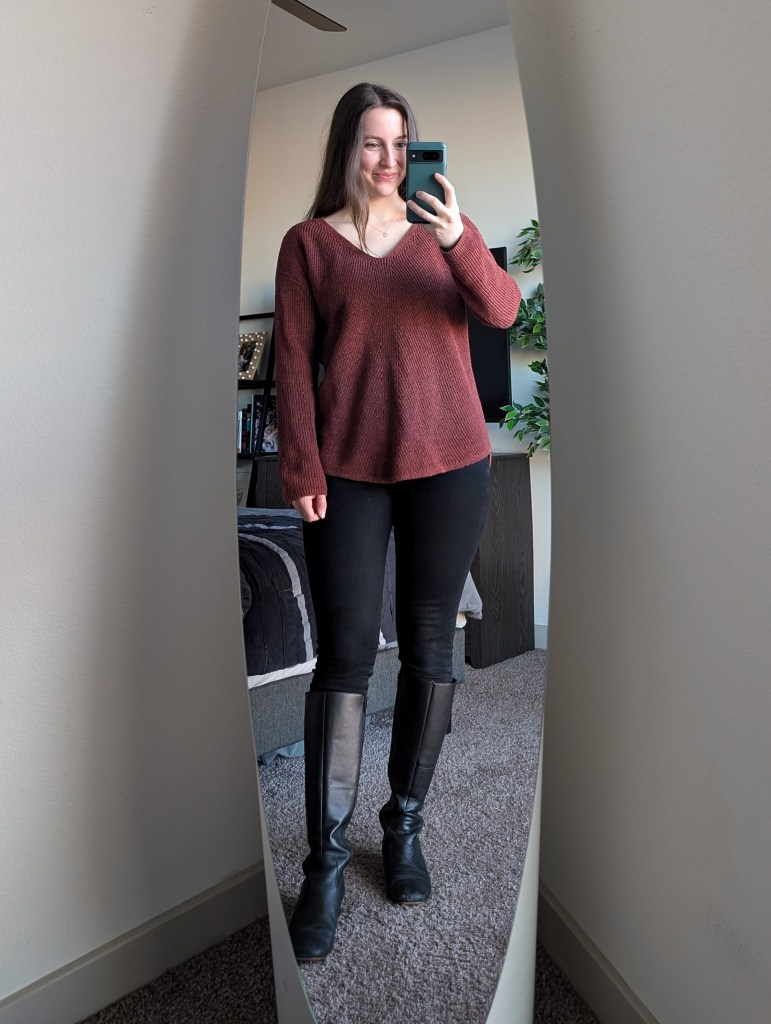 rust colored sweater black pants black knee boots sweater weather fall fashion