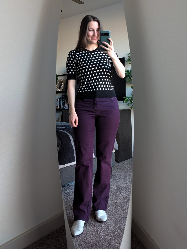 polka dot sweater purple pants work outfit white mules rebecca minkoff