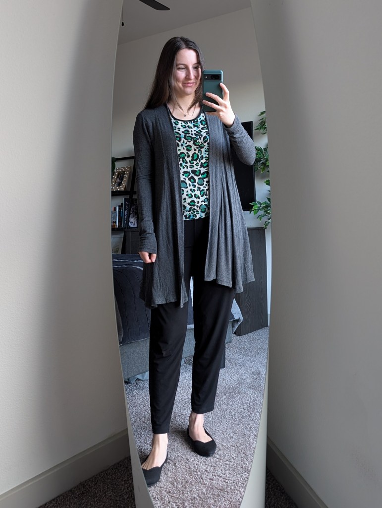 green leopard top cabi clothing long grey cardigan black pants clara sunwoo black flats rothys