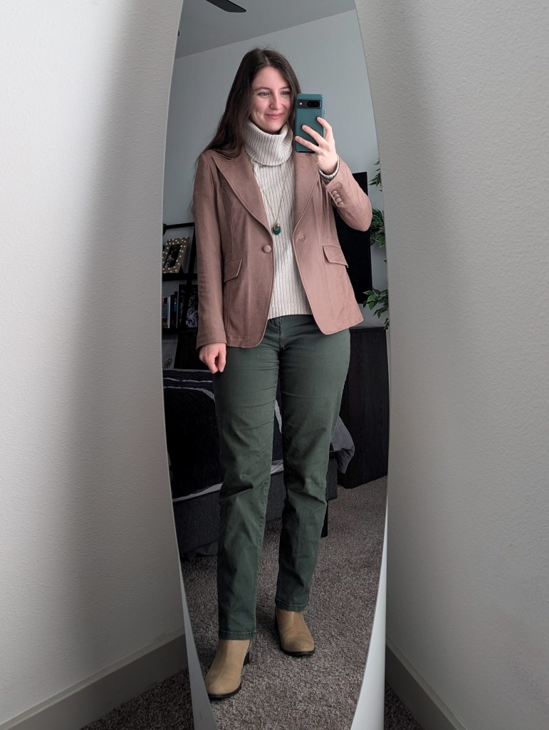 beige ribbed turtleneck clara sunwoo brown blazer work outfits olive green pants taupe booties
