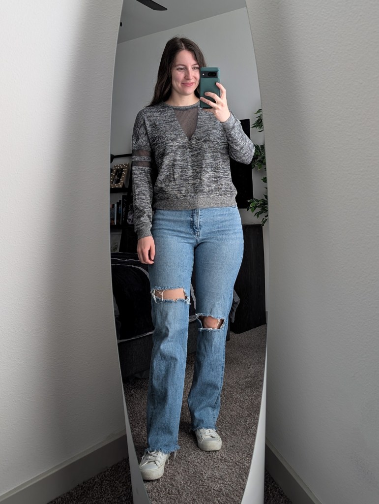 grey mesh sweatshirt ripped straight leg jeans white sneakers