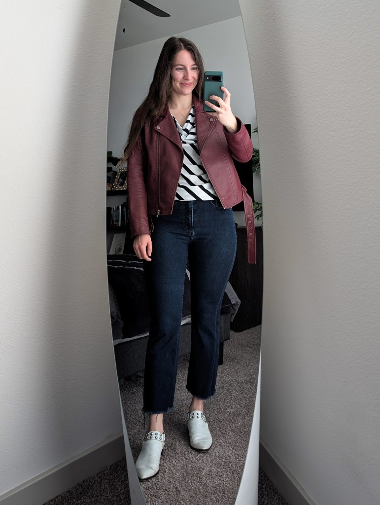 stripe cowl blouse maroon leather jacket cropped flared jeans express white mules rebecca minkoff
