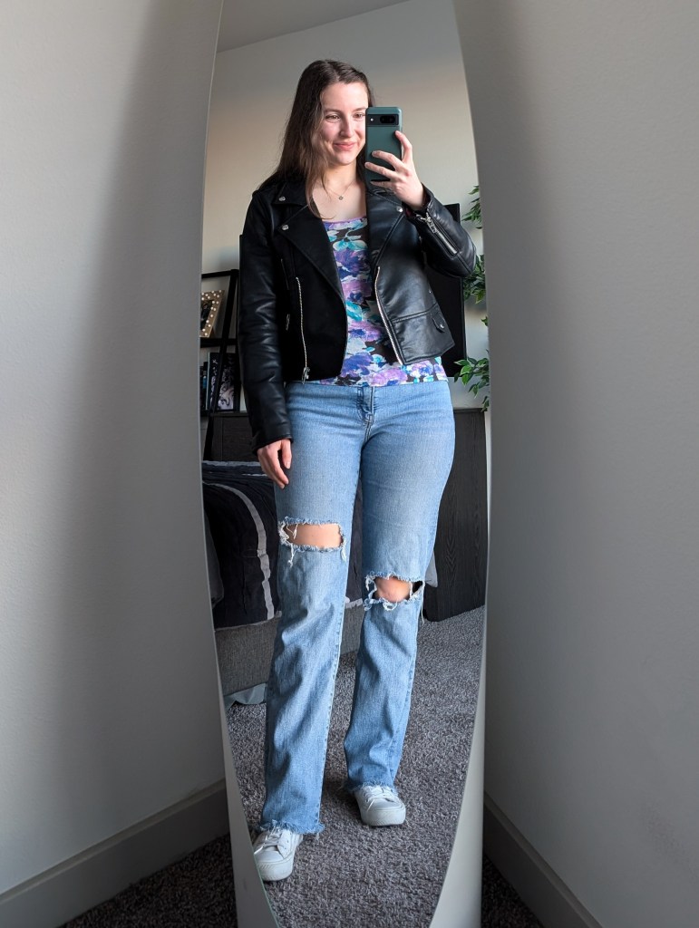 floral tee leather jacket ripped straight leg jeans white sneakers primark