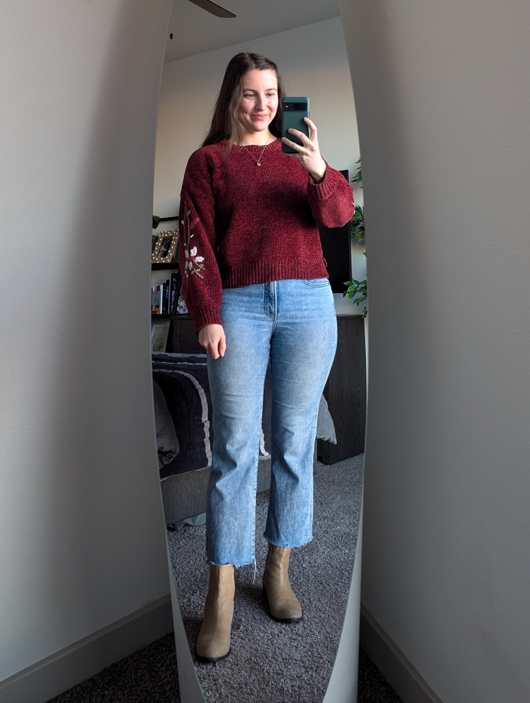 maroon embroidered floral sweater cropped flared jeans express beige booties shop lc