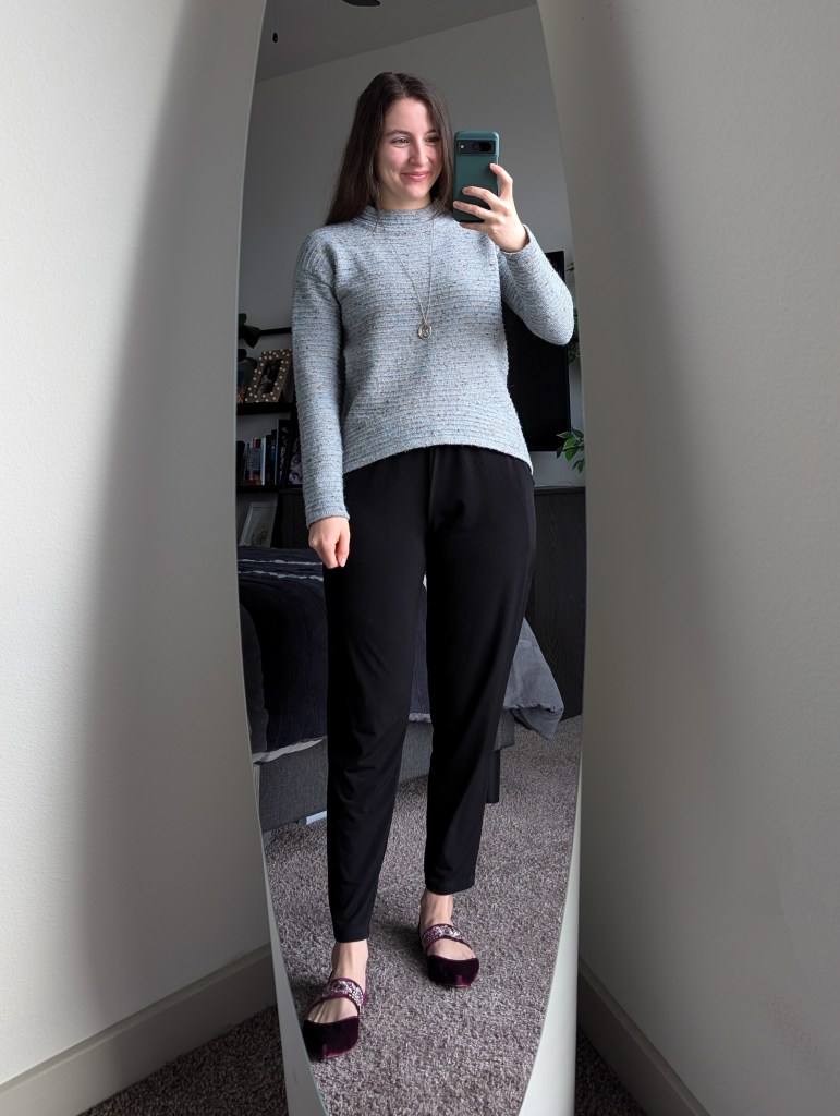 light blue sweater winter work outfit black trousers clara sunwoo sundance velvet embroidered flats