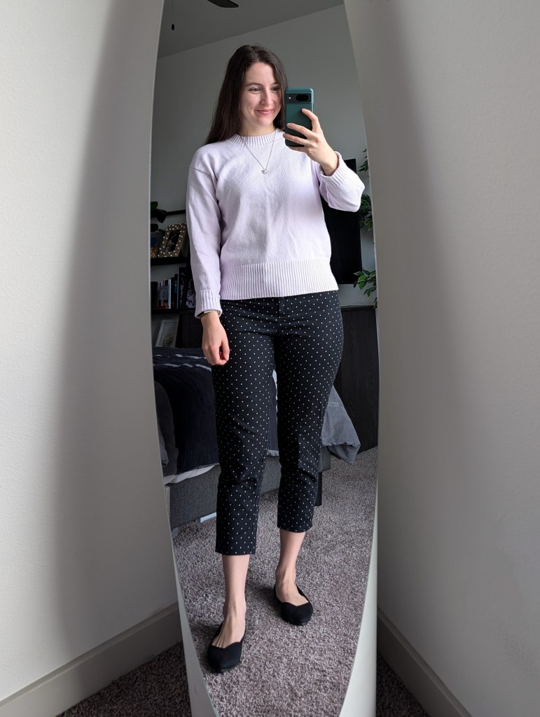 light purple sweater banana republic black polka dot trousers black flats rothys