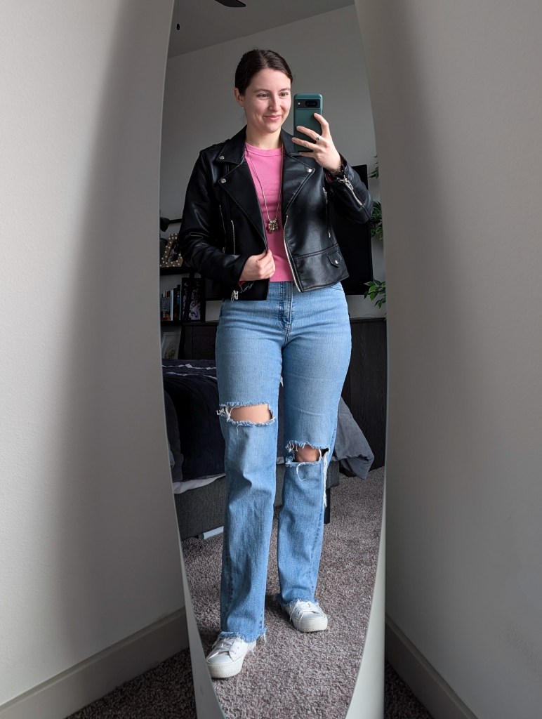 pink ribbed tee old navy black leather jacket blank nyc ripped straight leg jeans white sneakers airport outfit