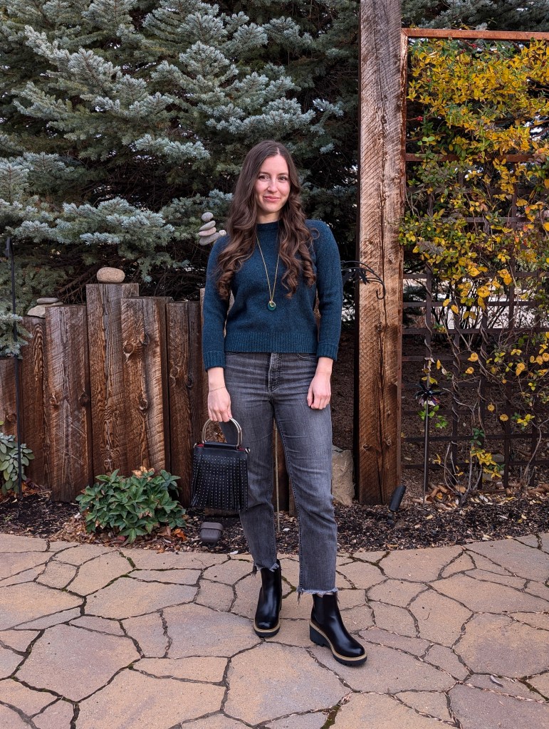 green wool sweater banana republic grey straight leg jeans express black chelsea booties