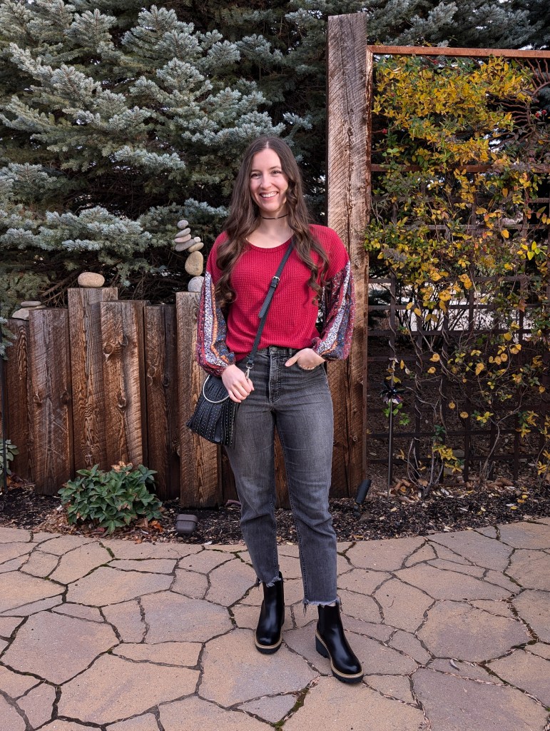 red top printed sleeves francesca's grey straight leg jeans express black chelsea booties