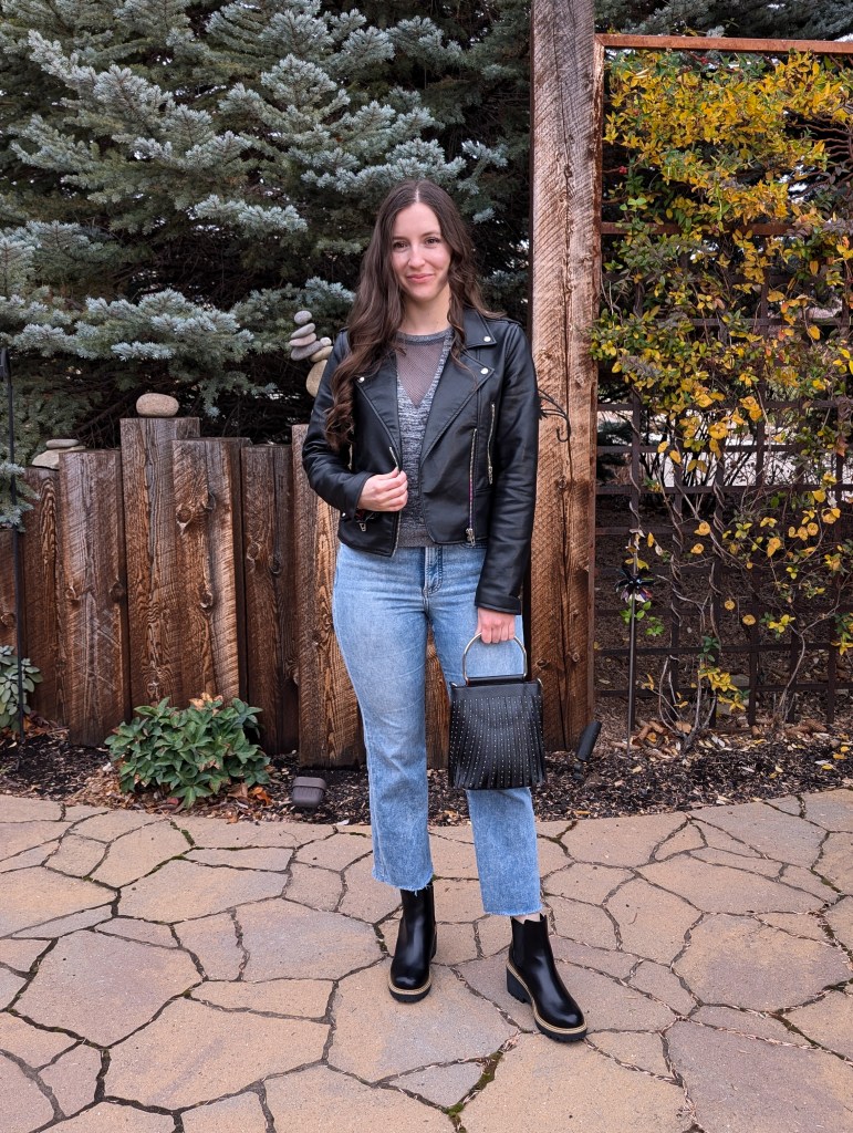 grey sweatshirt black leather jacket cropped flared jeans black chelsea booties justfab