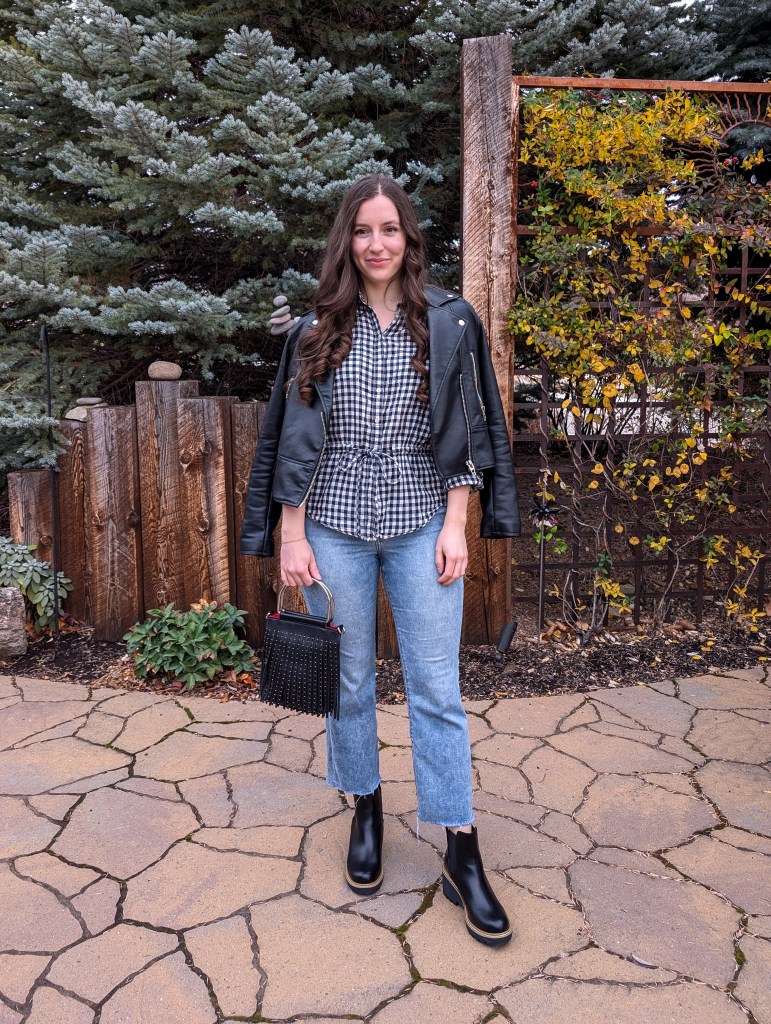 buffalo check button down black leather jacket cropped flared jeans express winter outfit black booties