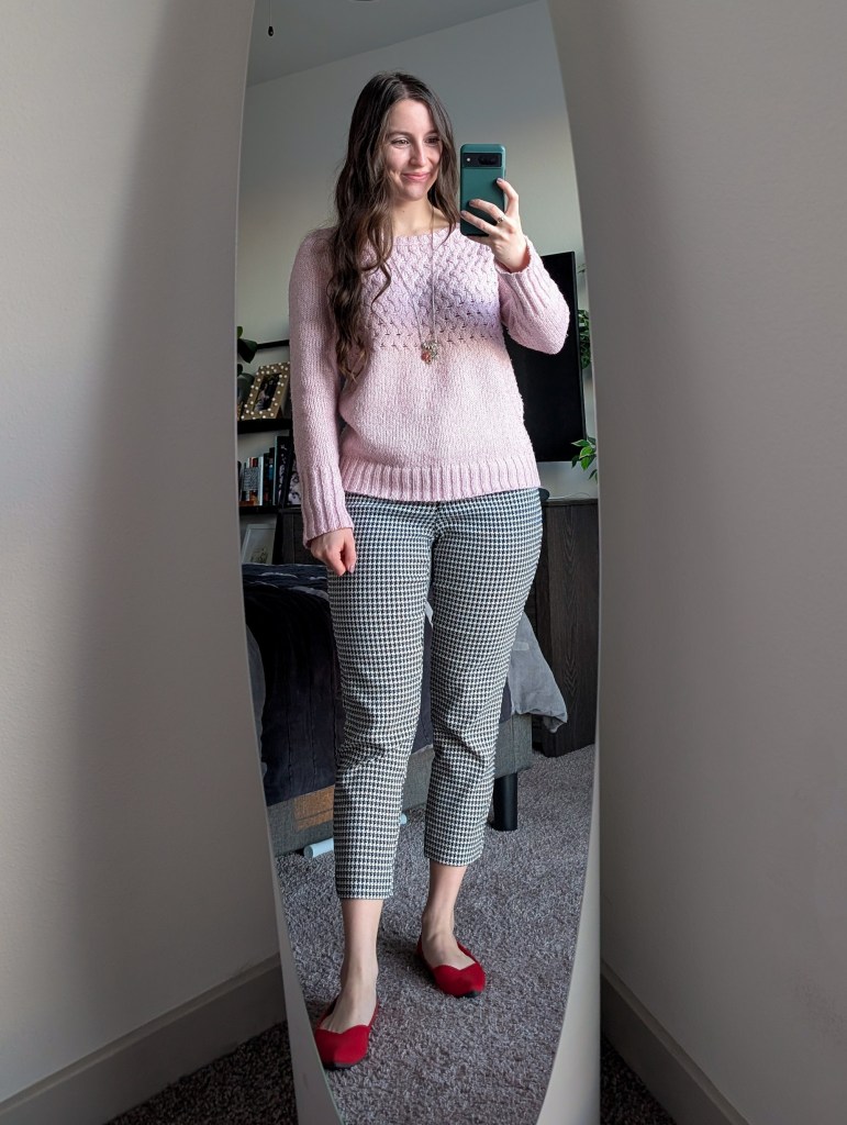light pink sweater houndstooth pants red flats rothys