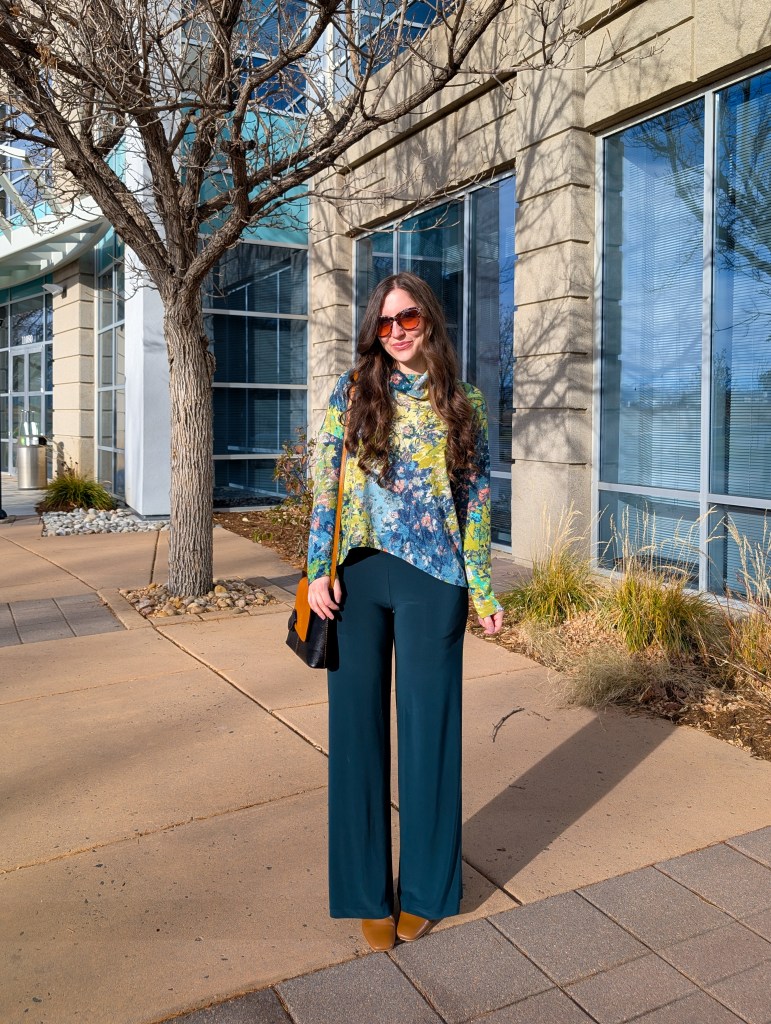 chic winter outfit work wear green pants trousers clara sunwoo brown boots denver fashion