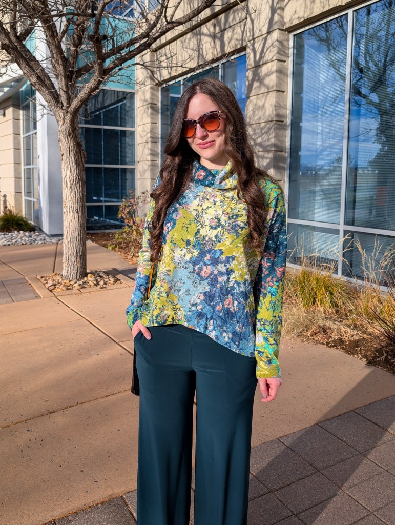 printed top turtleneck green pants winter work wear outfit november recap